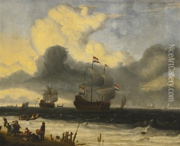 Ships Off The Coast, A Storm Approaching Oil Painting - Ludolf Backhuysen the Elder