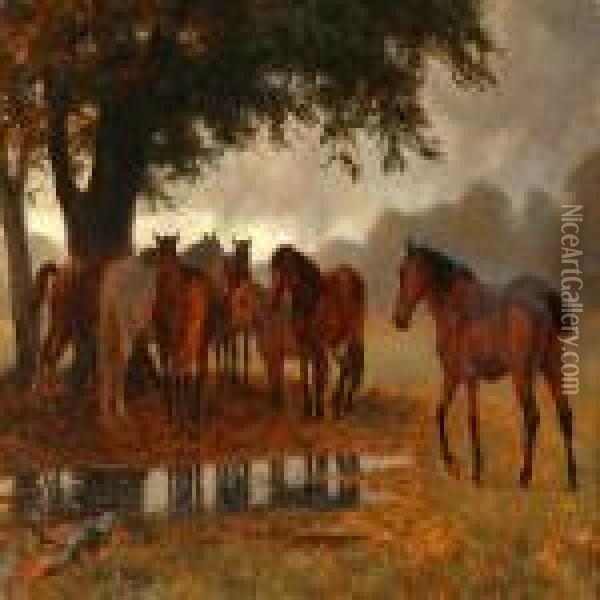 Horses Seek Shelter Under A Tree Oil Painting - Otto Bache