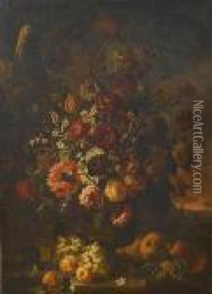 Tulips, Carnations, Morning 
Glory, Chrysanthemums And Other Flowers In A Bronze Urn On A Stone Ledge
 With A Basket Of Grapes, Peaches And A Melon With A Parrot And A Rabbit
 Nearby; Roses, Tulips, Chrysanthemums, Jasmine And Other Flowers In A 
Bron Oil Painting - Frans Werner Von Tamm