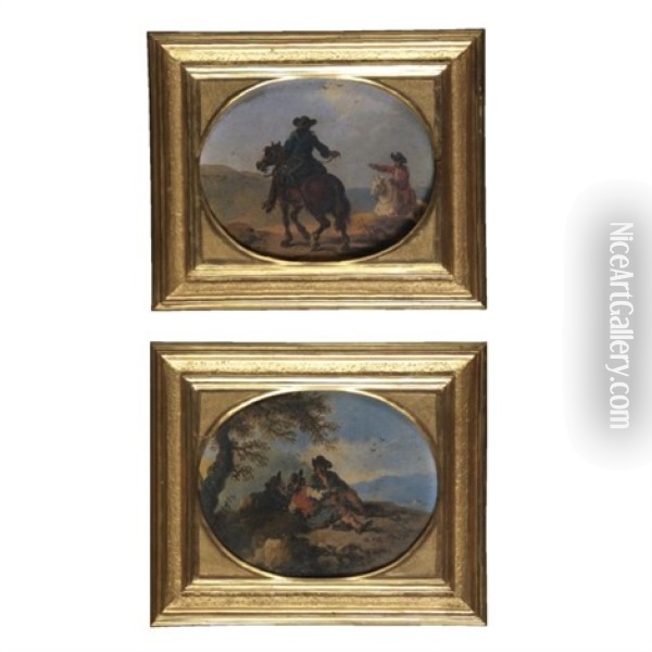 Due Cavalieri (+ Contadini A Riposo; Pair) Oil Painting - Andrea Locatelli