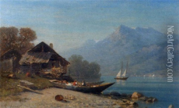 Sommerliche Seeuferpartie Oil Painting - Louis Mennet