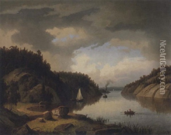 Pastoralt Sjolandskap Med Batar Oil Painting - Carl Abraham Rothsten