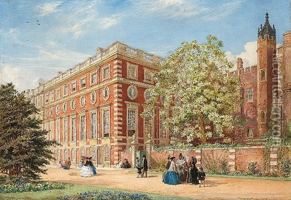 Hampton Court, Showing The Bignonia Catalpa Planted By The Mother Of The Duke Of Wellington, The Finest Tree Of The Kind In England Oil Painting - Percy Thomas Macquoid