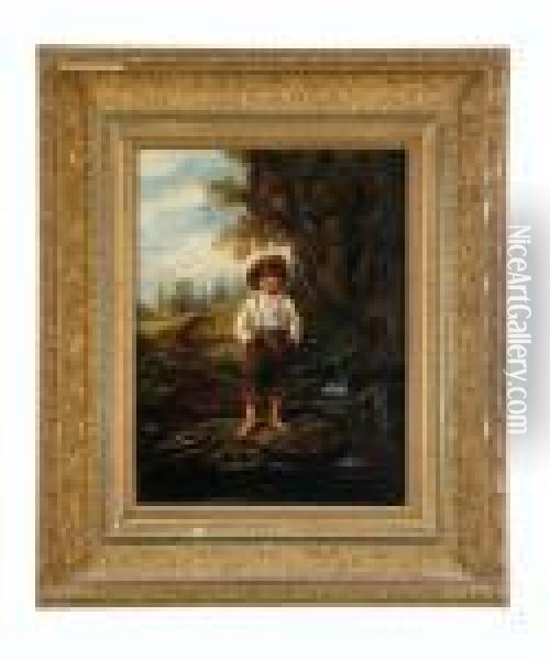 Young Boy Standing At A Creek With A Log Cabin In The Background Oil Painting - Eastman Johnson