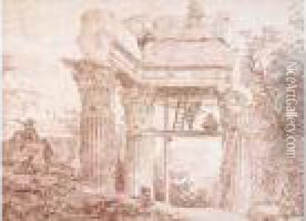 Artiste Dessinant Un Chapiteau 
Du Temple D'apollon, Perche Sur Un Echafaudage, Dans Les Ruines Du Forum Oil Painting - Hubert Robert