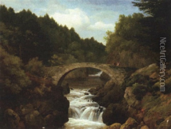 Bridge And Waterfall, River Briar, Blair Atholl, Scotland Oil Painting - Edmund Gill