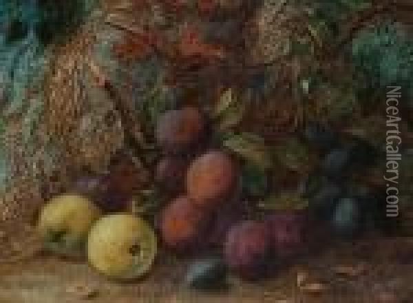 Still Life Of Plums And Apples On A Mossy Bank Oil Painting - Vincent Clare