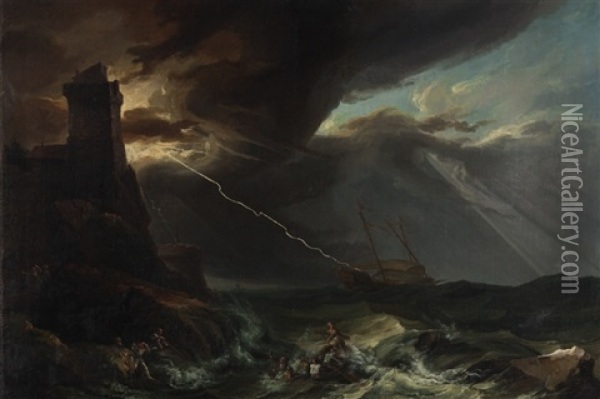 Sturm In Einem Meereshafen; Abziehender Sturm Uber Einer Meereskuste (pair) Oil Painting - Caspar Wolf