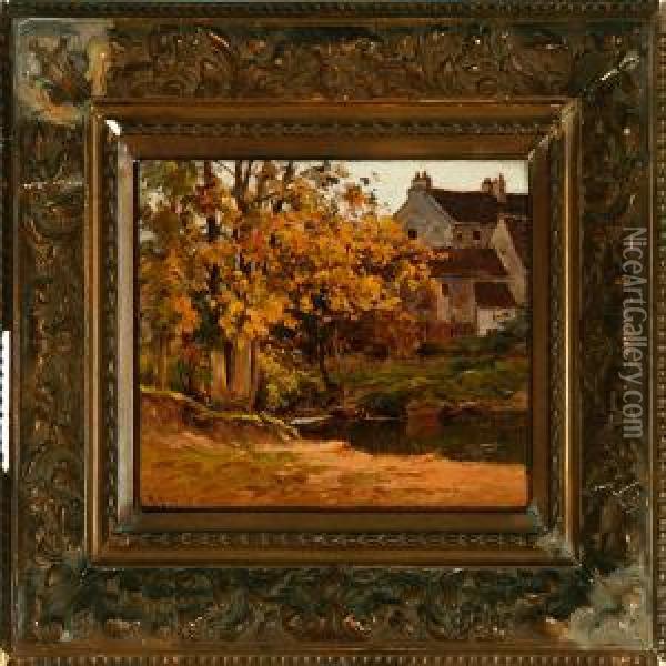 Stream Near A French Village, Autumn Oil Painting - Henri Linguet