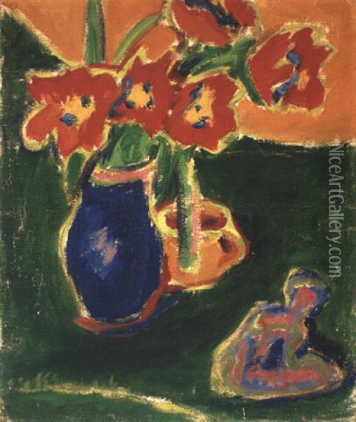 Rote Tulpen In Blauer Vase, Mit Skulptur Oil Painting - Ernst Ludwig Kirchner