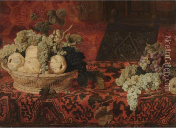 A Still Life Of Pears, Red And 
White Grapes In A Wicker Basket On A Table Draped With An Embroidered 
Blanket Oil Painting - Frans Snyders