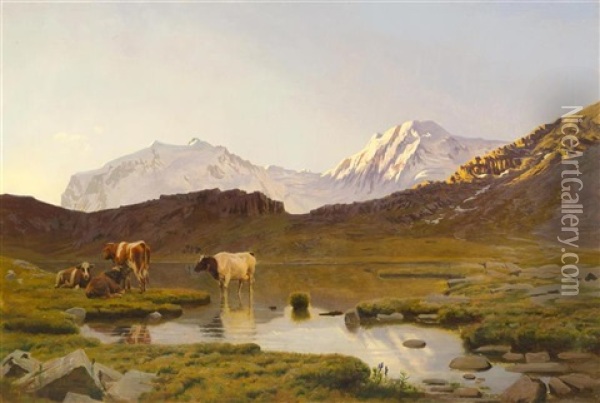 Lake Riffel With View Of Monte Rosa And The Lyskamm (near Zermatt) Oil Painting - Albert Lugardon