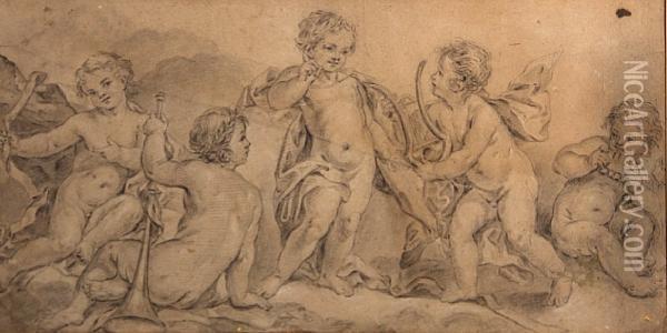 Putti With Musical Instruments Oil Painting - Charles Joseph Natoire