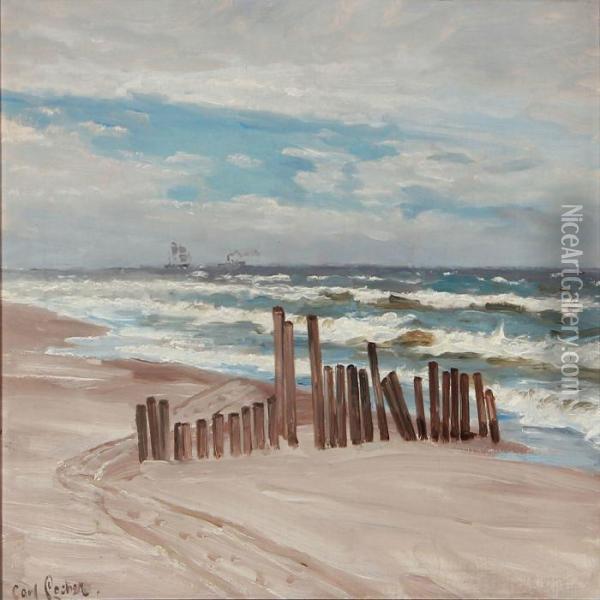Seashore With A Breakwater Oil Painting - Carl Locher