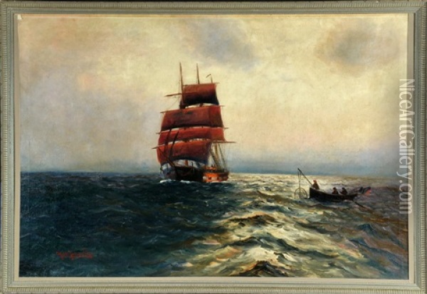Fischerboot Und Segelschiff Auf See Oil Painting - Alfred Serenius Jensen