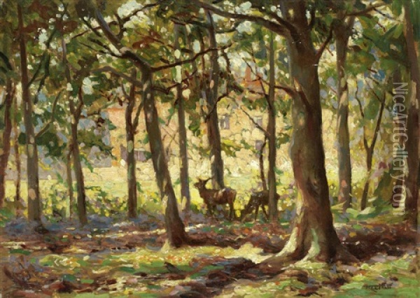 Deer In Sunlight Copse Oil Painting - Frederick Hall