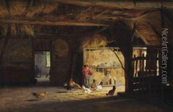 A Barn Interior With A Little Girl Feeding The Chickens Oil Painting - Willy Martens