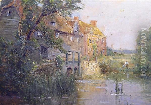 Riverside Cottage And Figures On A Bank Oil Painting - Ernst Walbourn