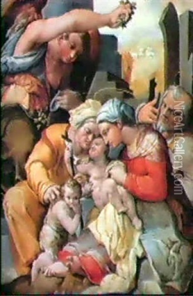 La Sainte Famille Avec Sainte Elisabeth, Le Petit Saint Jean Baptiste Et Un Ange Oil Painting - Giovanni Francesco (il Nosadella) Bezzi