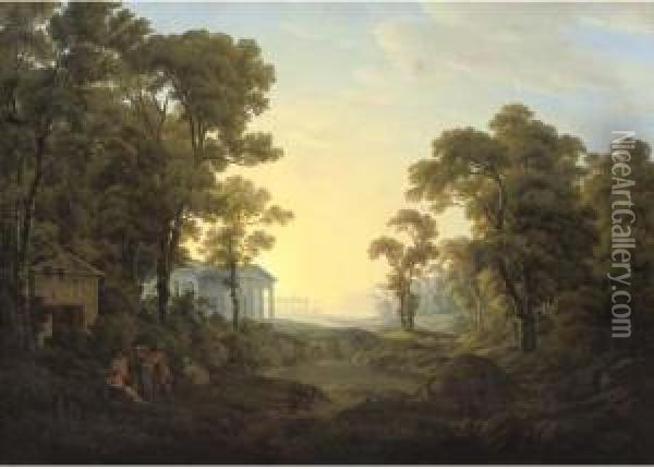 A Wooded Landscape With Figures 
In Ancient Dress By A Classicaltemple, Other Classical Buildings Beyond Oil Painting - Josef Rebell