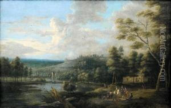 An Extensive Landscape With A Hawking Party Atthe Shores Of A Lake Oil Painting - Lucas Van Uden
