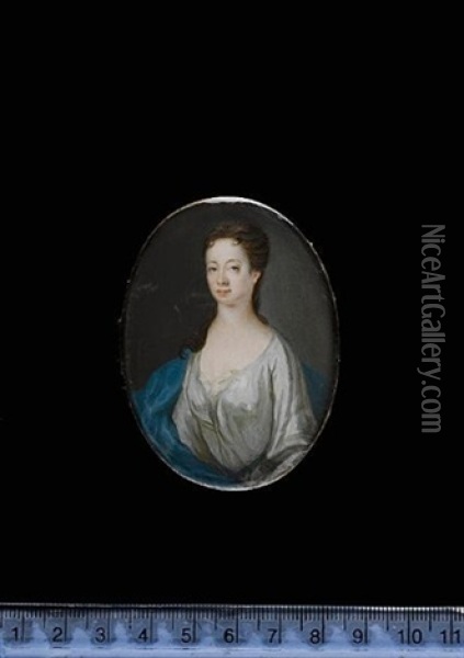 A Lady Wearing A Grey Dress, White Underslip And Blue Cloak, Her Dark Hair Falling Over Her Right Shoulder Oil Painting - Bernard (Goupy) Lens III
