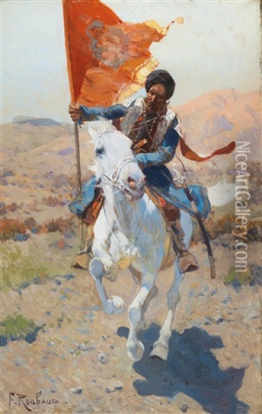 Rider With Red Flag Oil Painting - Franz Roubaud