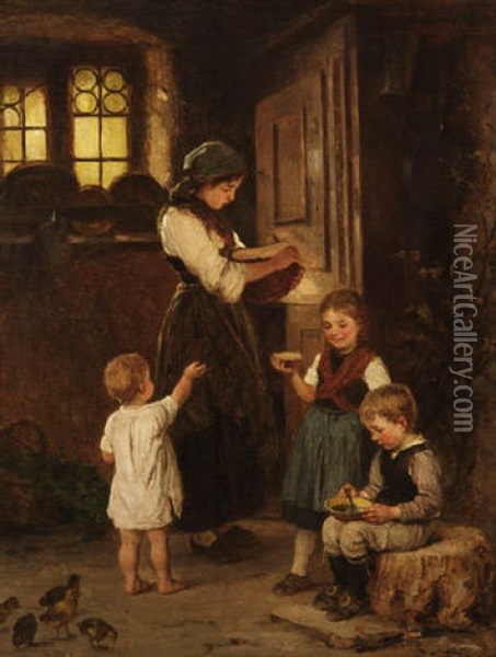 Vesper - Bauernmadchen Mit Ihren Drei Geschwistern Am Brotschrank Oil Painting - Hugo Oehmichen