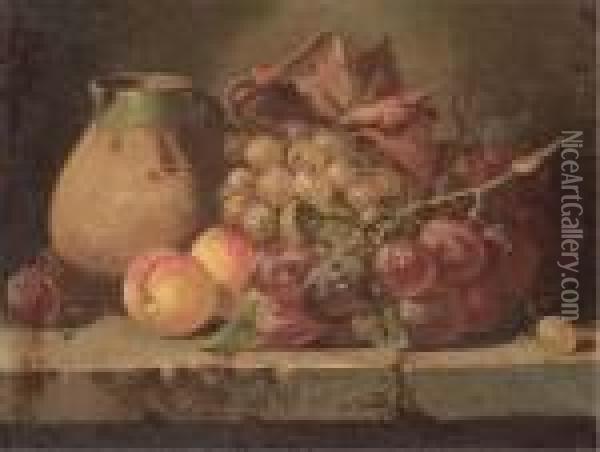 Grapes, Plums, And Peaches With A Jug On A Ledge Oil Painting - Charles Thomas Bale