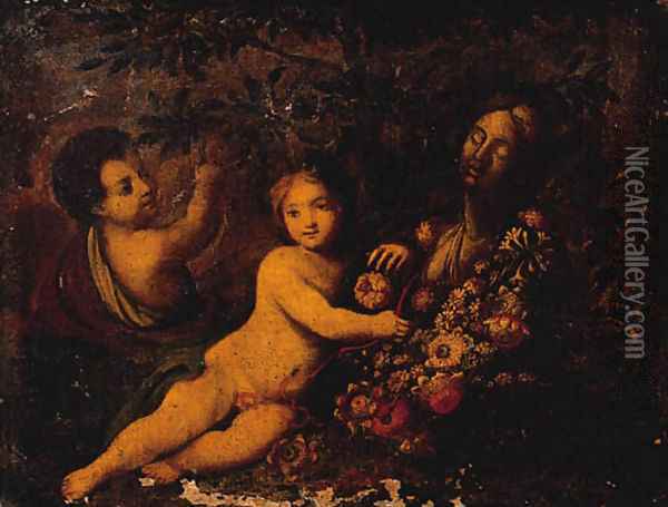 Putti with Carnations, Lilies, Tulips, Peonies and other Flowers Oil Painting - dei Fiori (Nuzzi) Mario
