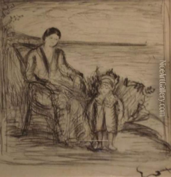 Mere Et Enfant Sur La Terrasse Au-dessus De La Mer Oil Painting - Emile-Othon Friesz