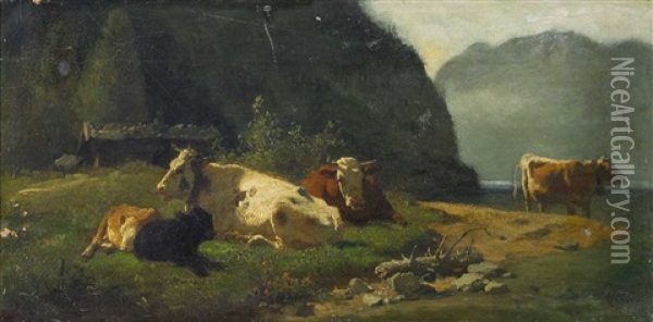 Rastende Kuhe In Landschaft Oil Painting - Karl Roux