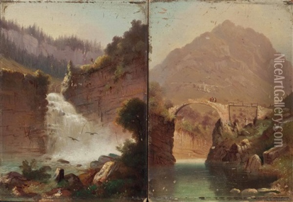 Brucke Bei Lavertezzo; Wasserfall - Doubs Bei Brenets (2 Works) Oil Painting - Hubert Sattler