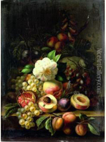 Nature Morte De Fleurs Et De Fruits Poses Sur Un Entablement Oil Painting - Theodore-Joseph Canneel