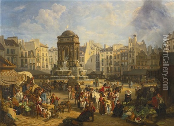 View Of The Market And Fontaine Des Innocents, Paris Oil Painting - John James Chalon