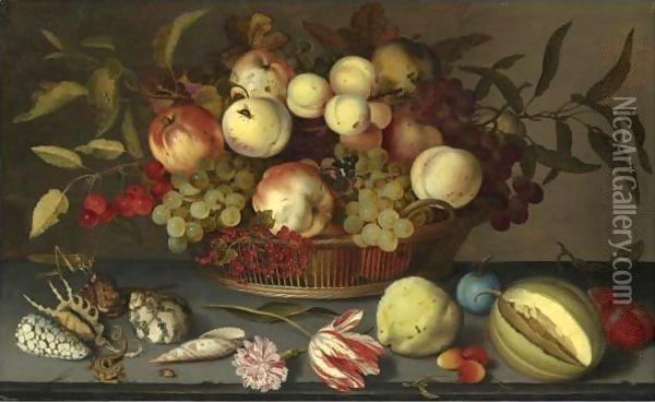 Still Life Of Peaches, Apples, Grapes, Cherries And Redcurrants In A Basket Oil Painting - Balthasar Van Der Ast