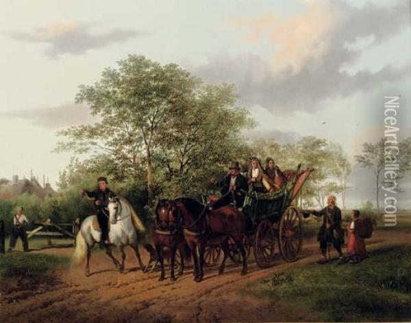 A Halted Carriage With Utrecht In The Distance Oil Painting - Gijsbertus Craeyvanger