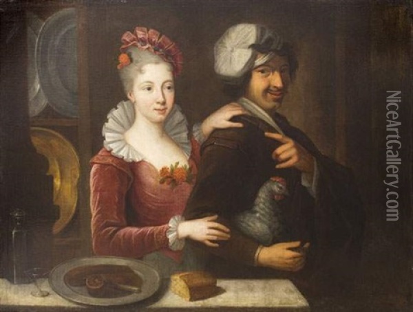 Couple A La Poule Oil Painting - Jacques-Francois Courtin