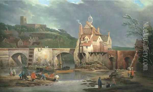 The gatehouse on the bridge over the River Severn at Bridgnorth, Shropshire, with the church of St. Leonard beyond Oil Painting - Joseph Farington