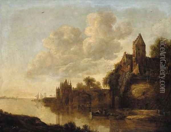A castle by a river with fishermen in a rowing boat, at sunset Oil Painting - Adriaen Hendricksz Verboom