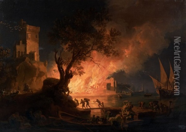 Incendie Dans Un Port Aux Environs De Naples Oil Painting - Pierre Jacques Volaire