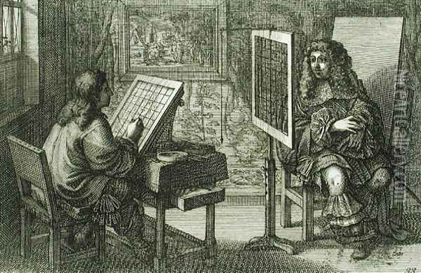 Artist painting a portrait over a grid for accurate proportion, printed Paris 1737 Oil Painting - Abraham Bosse