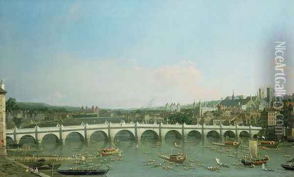 Westminster Bridge from the North with Lambeth Palace in distance Oil Painting - (Giovanni Antonio Canal) Canaletto