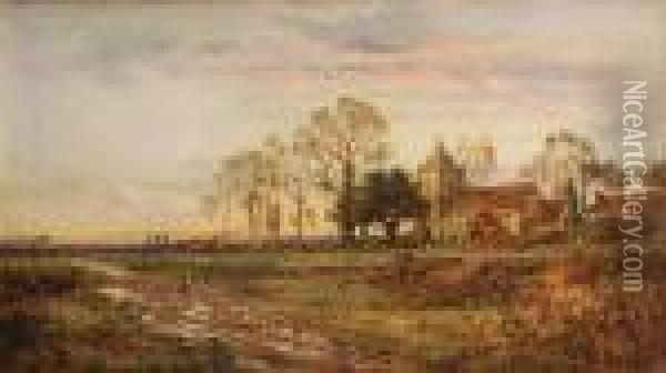 A View Of A Country Church At Sunset Oil Painting - Daniel Sherrin