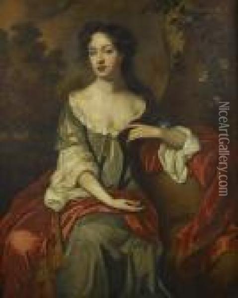 Portrait Of Miss Jane Dering, 
Three-quarter-length, In A Blue Dress And A Red Shawl, Seated Before An 
Open Landscape Oil Painting - Sir Peter Lely