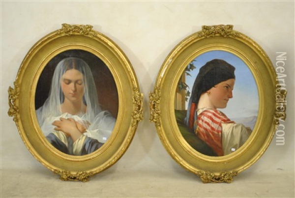 Paire De Portraits (pair) Oil Painting - Eugene Devaux