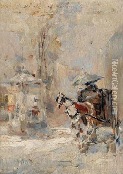 Kutscher Im Schnee Oil Painting - Giuseppe Solenghi