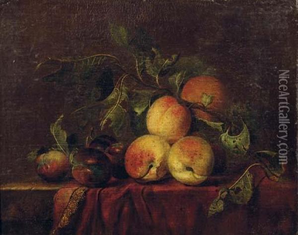 Peaches And Plums On A Covered Ledge Oil Painting - Willem Van Aelst