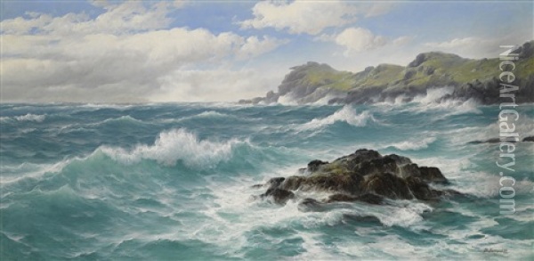 Waves Off The Cornish Coast Oil Painting - David James