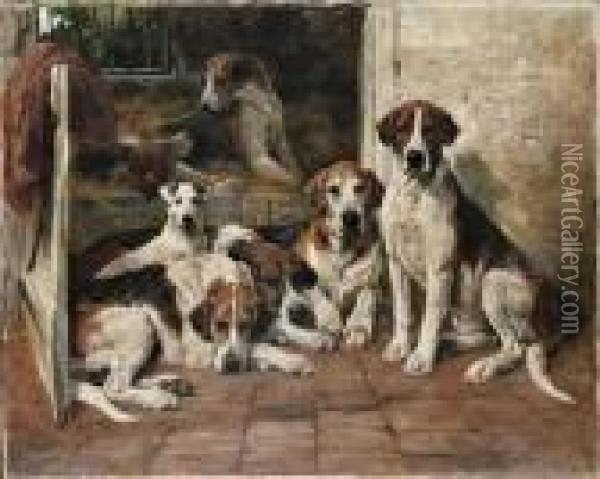 Hours Of Idleness - Hounds And A Terrier In A Kennel Oil Painting - John Emms